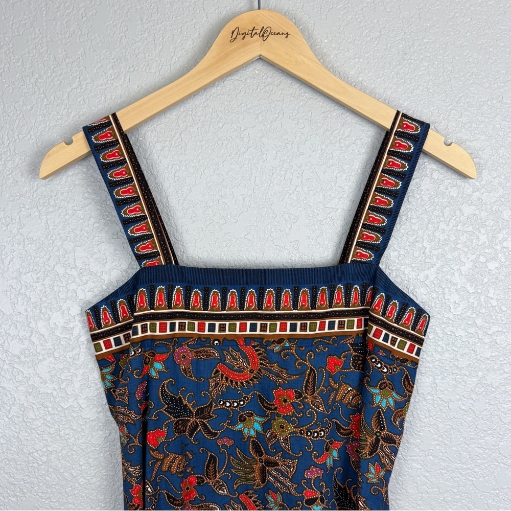 Handmade Floral Print Boho Sleeveless Maxi Dress Navy Blue Orange Brown Indie - Picture 3 of 9